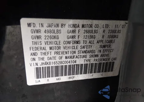 2008 Acura Rl 3.5 from USA, damaged, VIN JH4KB16528C004104
